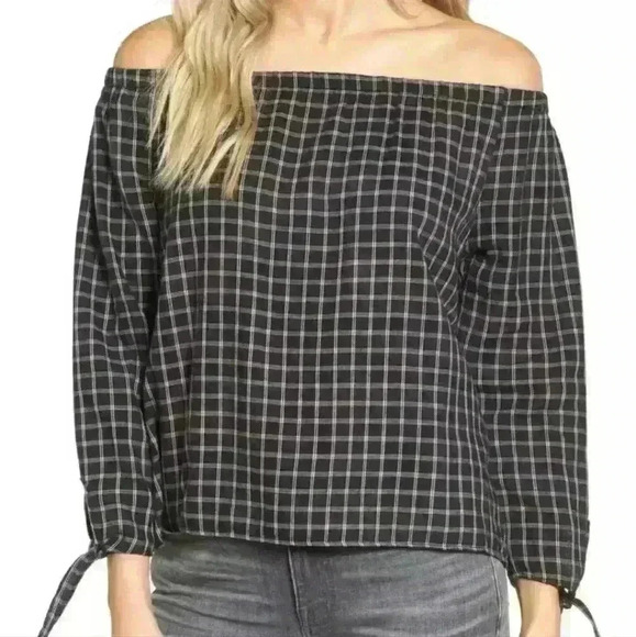 Madewell Plaid Off or On the Shoulder Top Sz Large Black/ White Tie Sleeves - Picture 1 of 8